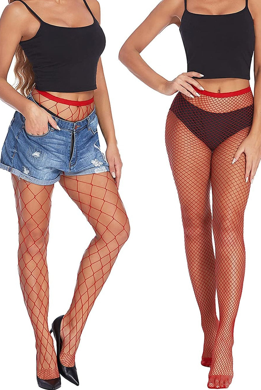 Red fishnet stockings on models, showing the design and fit, perfect for your favorite outfits.
