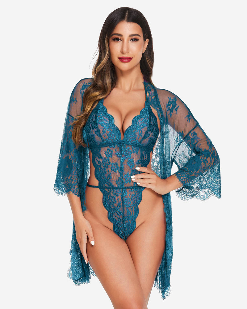 Teal Avidlove lace robe and teddy set, butterfly sleeves, elegant design for confident beauty