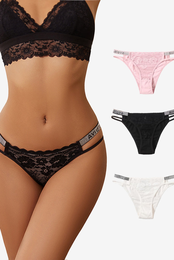 Avidlove floral lace hipster panties with rhinestone straps. Low-rise, in black, pink, and white.