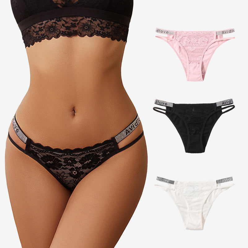 Avidlove floral lace hipster panties with rhinestone straps. Low-rise, in black, pink, and white.
