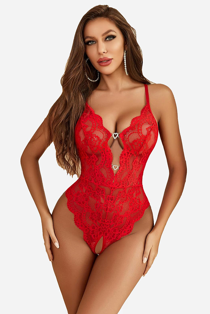 Red lace teddy one piece lingerie with deep V-neck and crotchless design