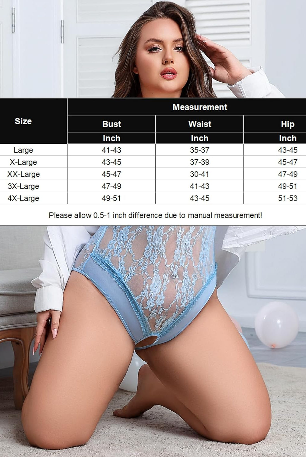 Plus Size Light Blue Lace Crotchless Teddy with Size Chart, Adjustable Straps