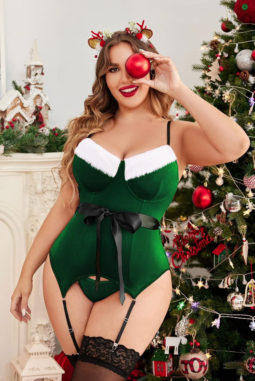 Plus size Christmas lingerie: Green velvet sleepwear with fur trim and bow, holiday theme.