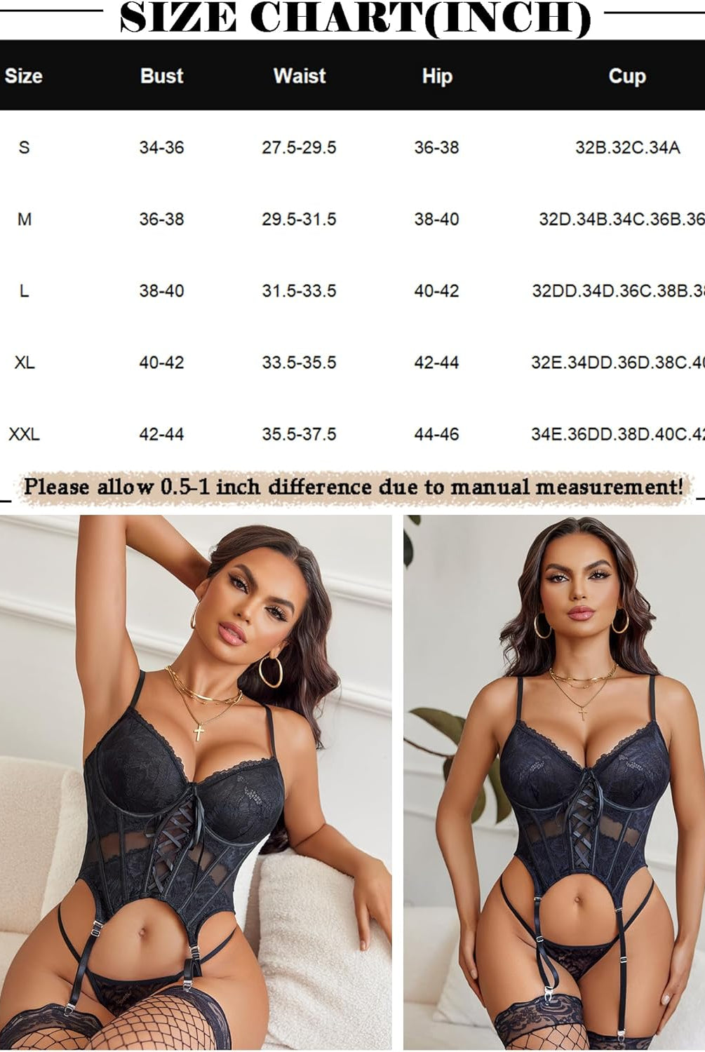 Black lace underwire corset and panty set with garter belt, size chart, elegant lingerie