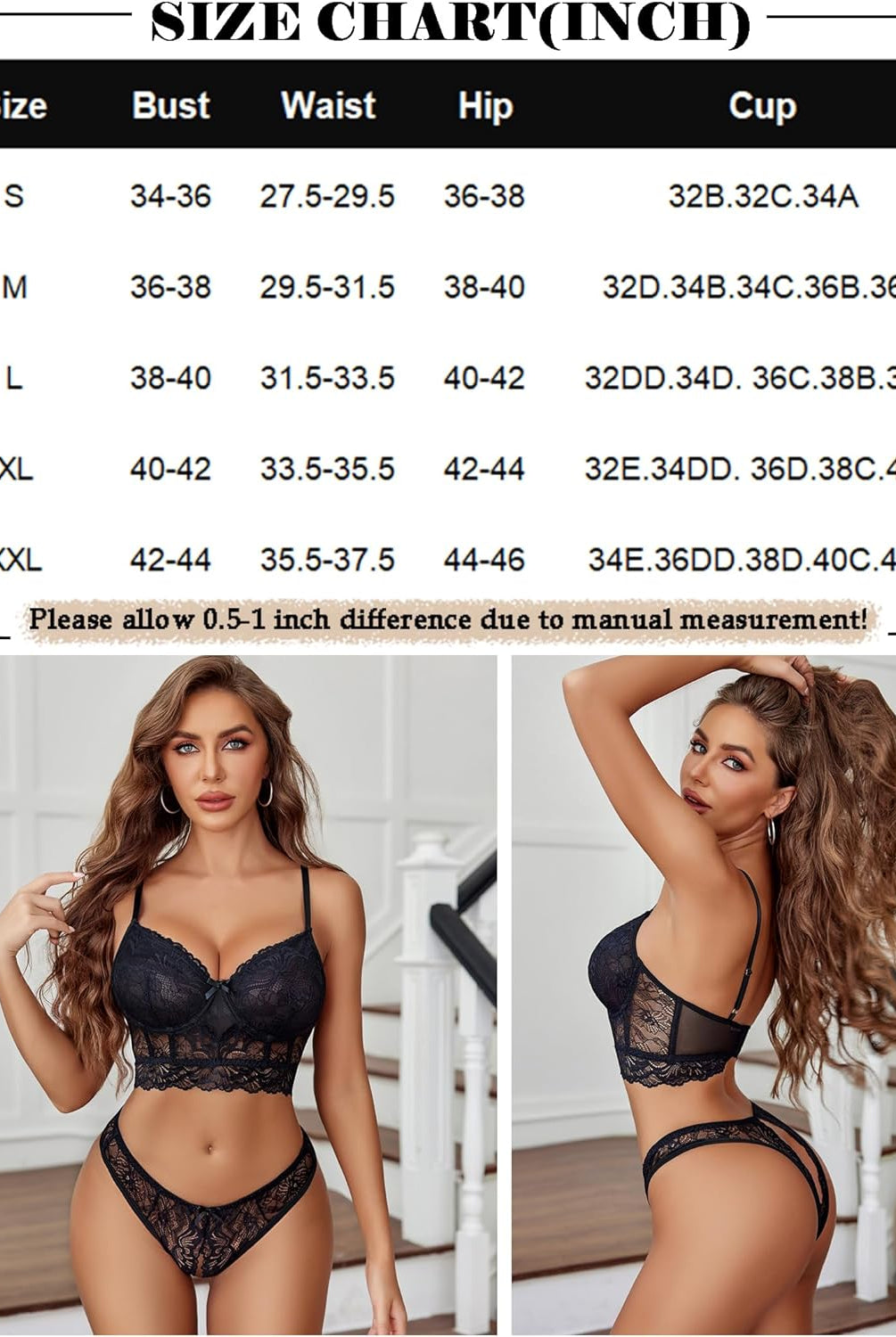 Black lace lingerie set with size chart, bra and crotchless panty, flattering and sexy look