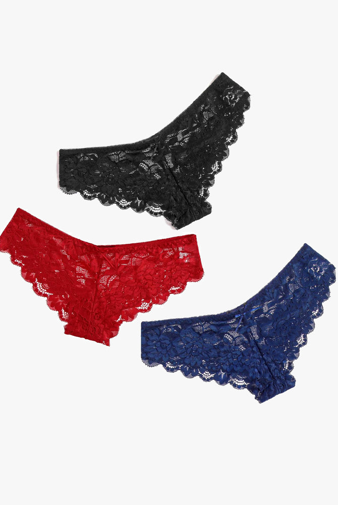 Floral lace hipster panties in black, red, and navy blue. Comfortable, stylish, and sheer.
