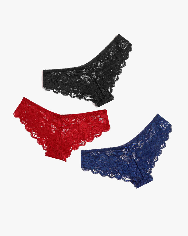 Floral lace hipster panties in black, red, and navy blue. Comfortable, stylish, and sheer.