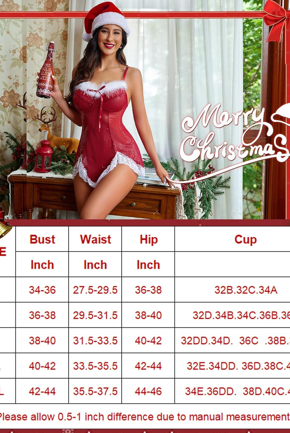 Christmas Lingerie Sequin Santa Dress with Lace Trim and Merry Christmas Text, Size Chart Included
