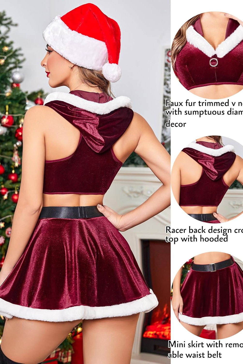 Burgundy Christmas lingerie set with faux fur trim, hooded crop top, and mini skirt