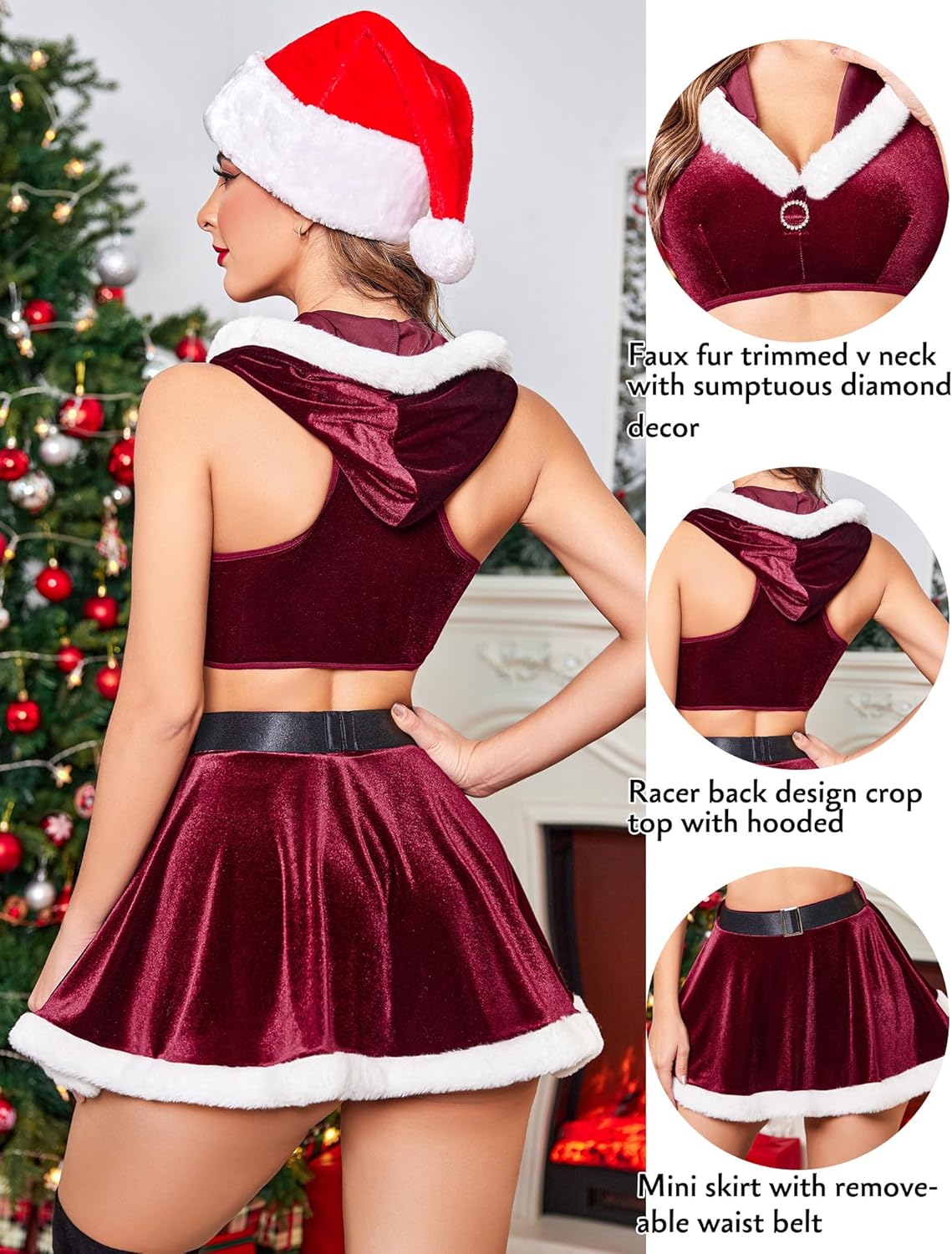 Burgundy Christmas lingerie set with faux fur trim, hooded crop top, and mini skirt