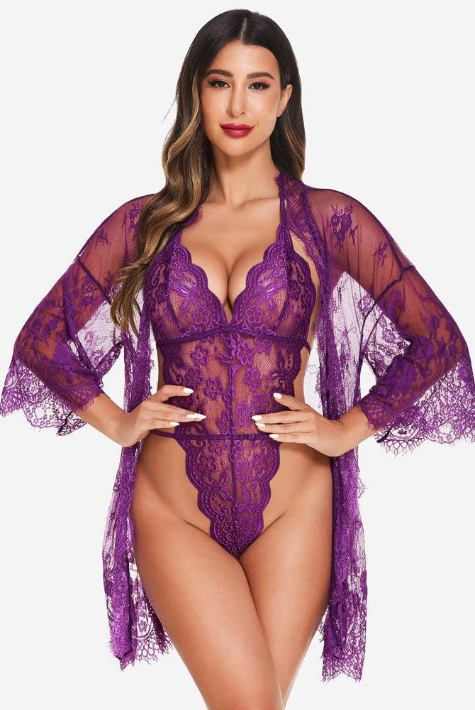 Avidlove purple lace robe and teddy lingerie set with butterfly sleeves, elegant design