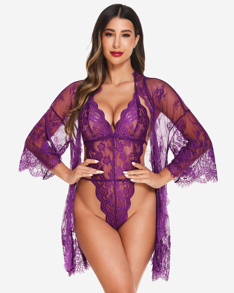Avidlove purple lace robe and teddy lingerie set with butterfly sleeves, elegant design