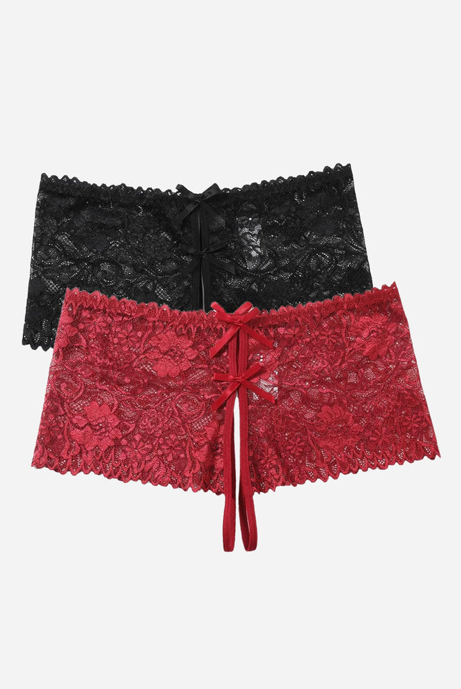 Black and red floral lace high waist panty with bow details for sexy lingerie.