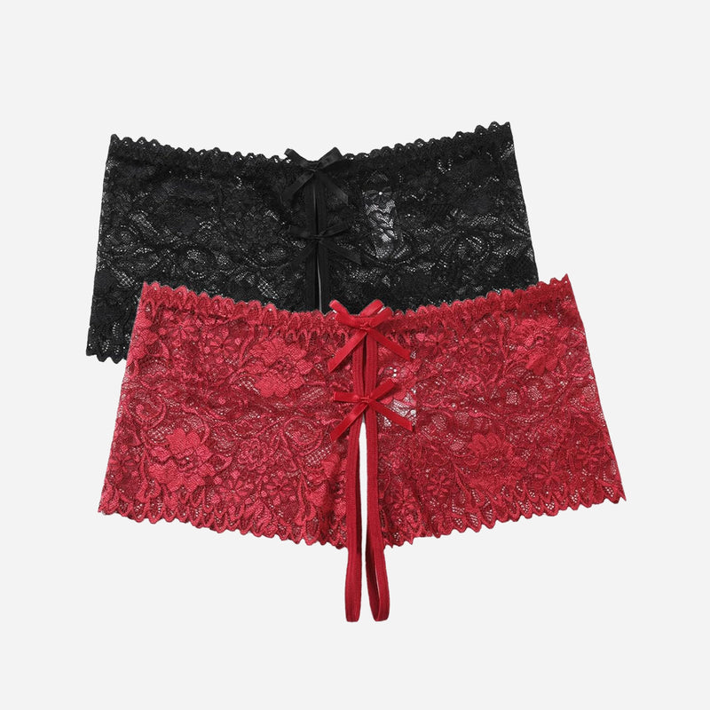 Black and red floral lace high waist panty with bow details for sexy lingerie.