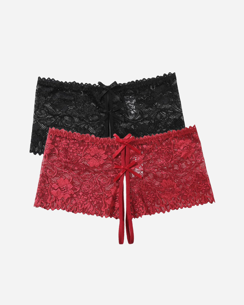 Black and red floral lace high waist panty with bow details for sexy lingerie.