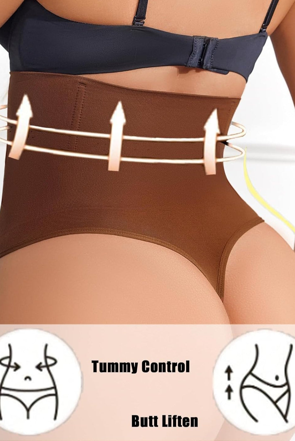 Brown high-waisted tummy control thong shapewear, offering tummy control and butt lift features.
