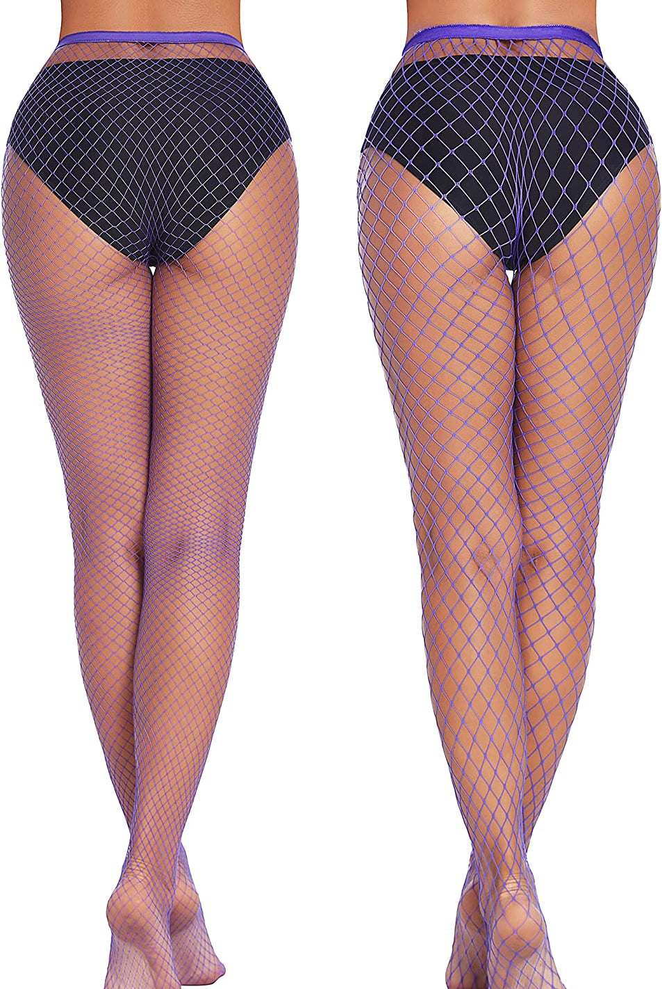 Purple plus size fishnet stockings, diamond net pattern. Confident and sexy appearance.