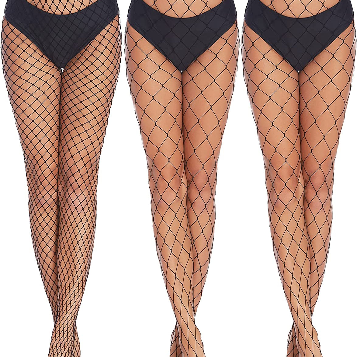 Plus size black fishnet stockings, diamond net pattern. Confident and sexy look, ideal for outfits.