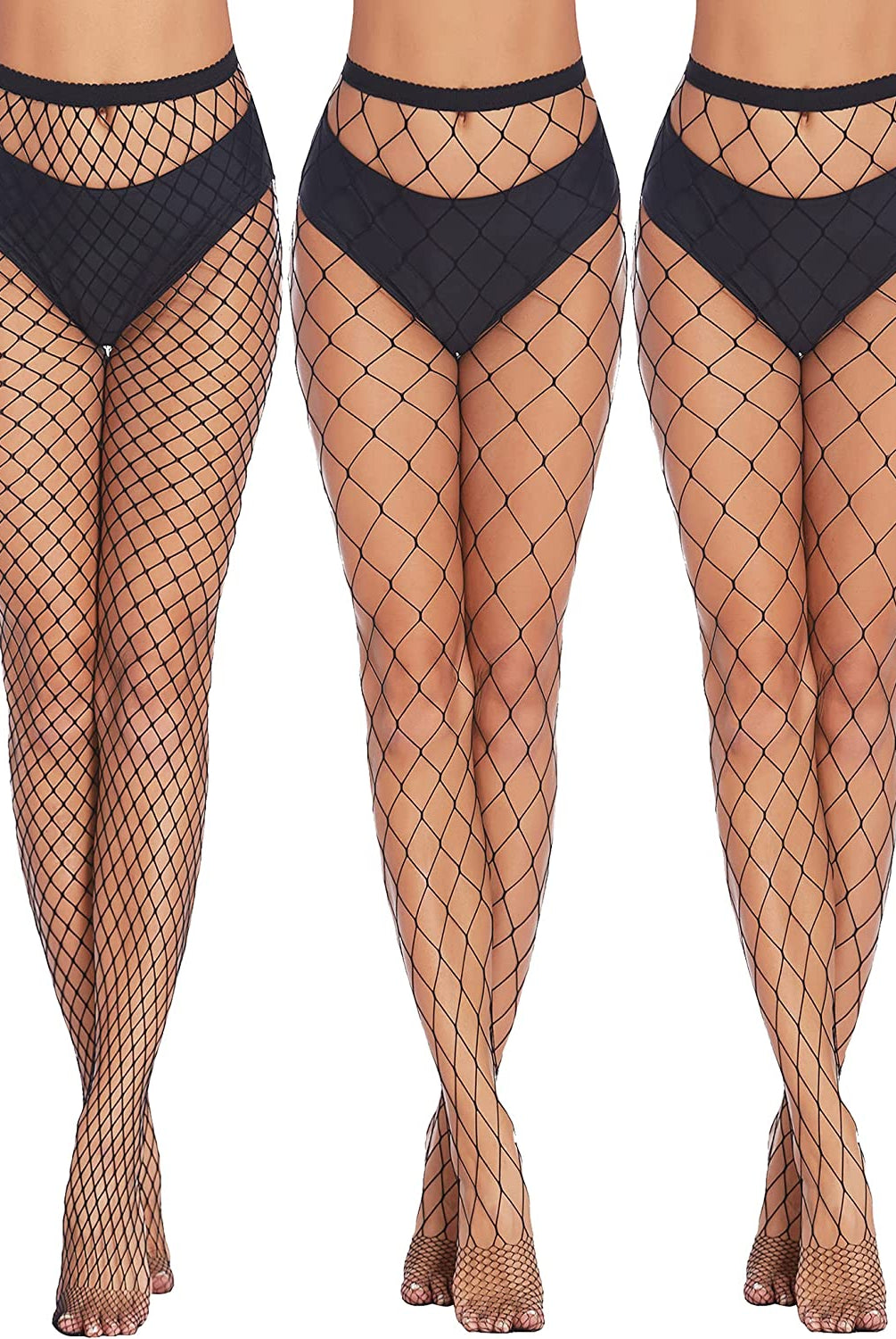 Plus size black fishnet stockings, diamond net pattern. Confident and sexy look, ideal for outfits.
