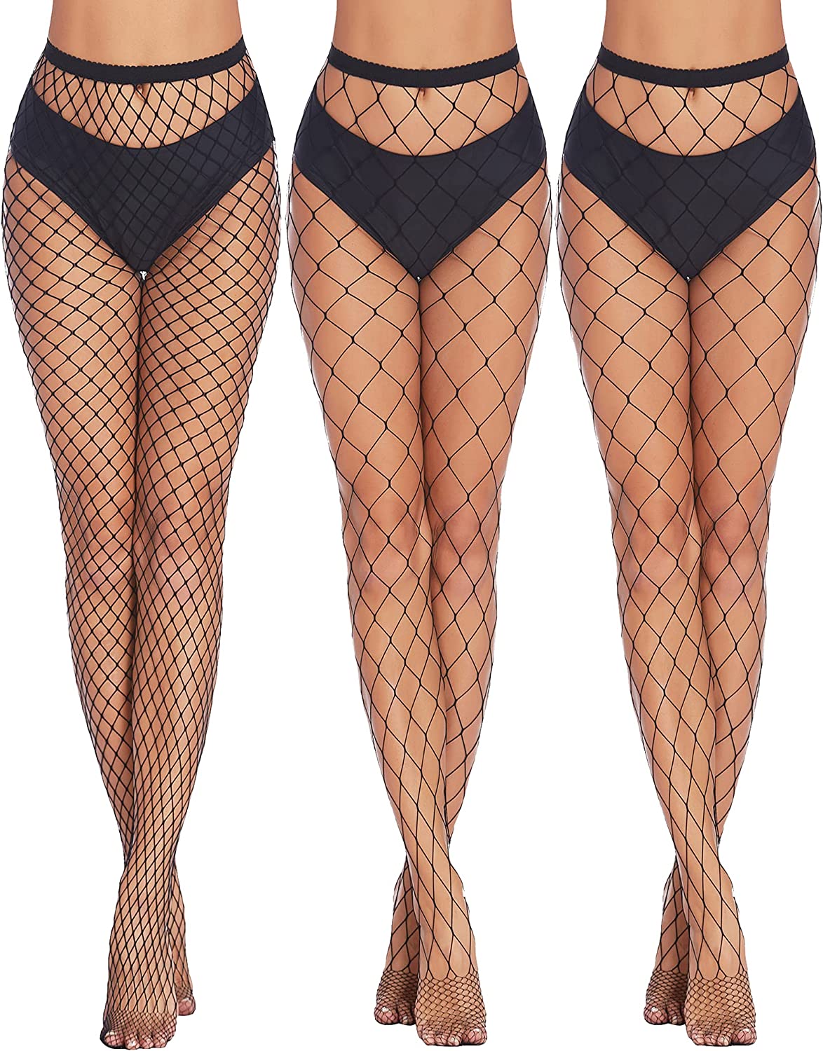 Plus size black fishnet stockings, diamond net pattern. Confident and sexy look, ideal for outfits.