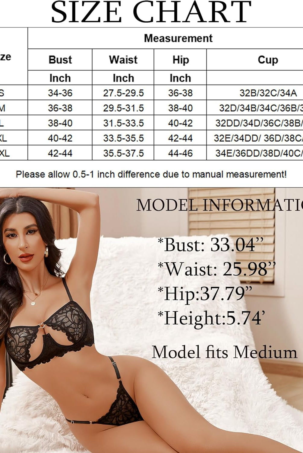 Black lace Avidlove push-up bra set with size chart, model wearing size M, showing femininity