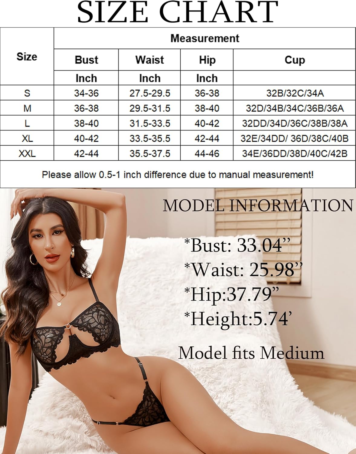 Black lace Avidlove push-up bra set with size chart, model wearing size M, showing femininity