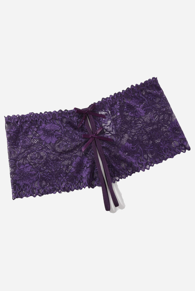 Purple floral lace high waist panty with bow, sexy lingerie. High-rise design for comfort.