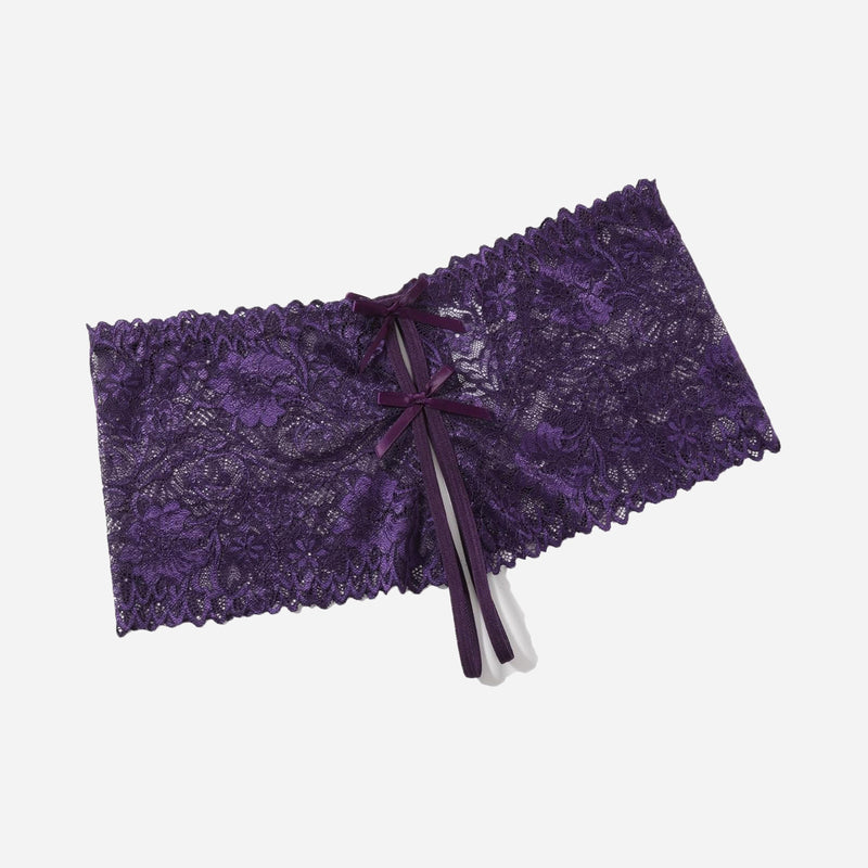 Purple floral lace high waist panty with bow, sexy lingerie. High-rise design for comfort.