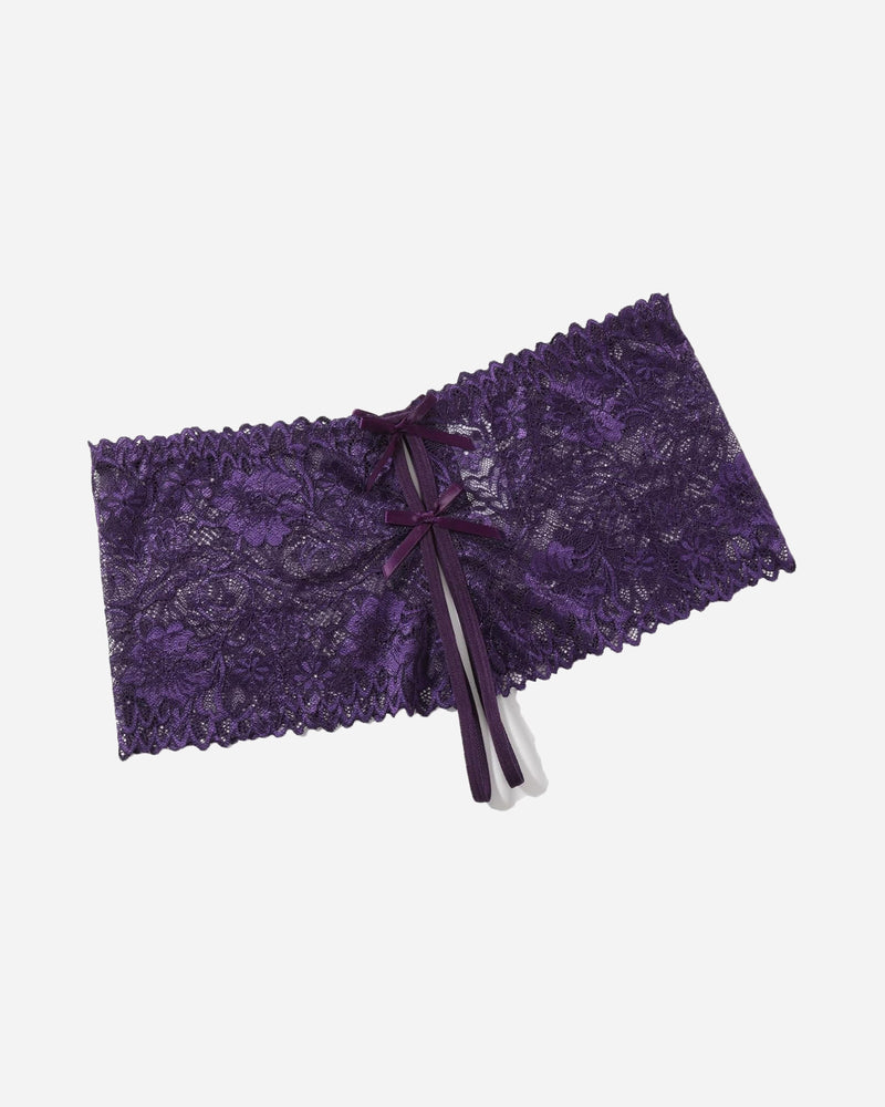 Purple floral lace high waist panty with bow, sexy lingerie. High-rise design for comfort.