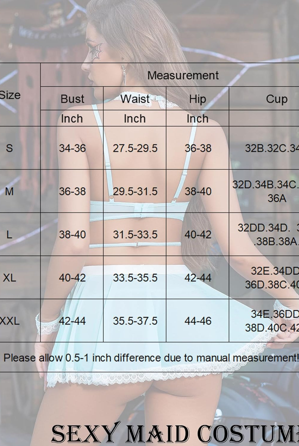 Size chart for Sexy Maid Costume lingerie set, featuring bust, waist, hip, and cup measurements.