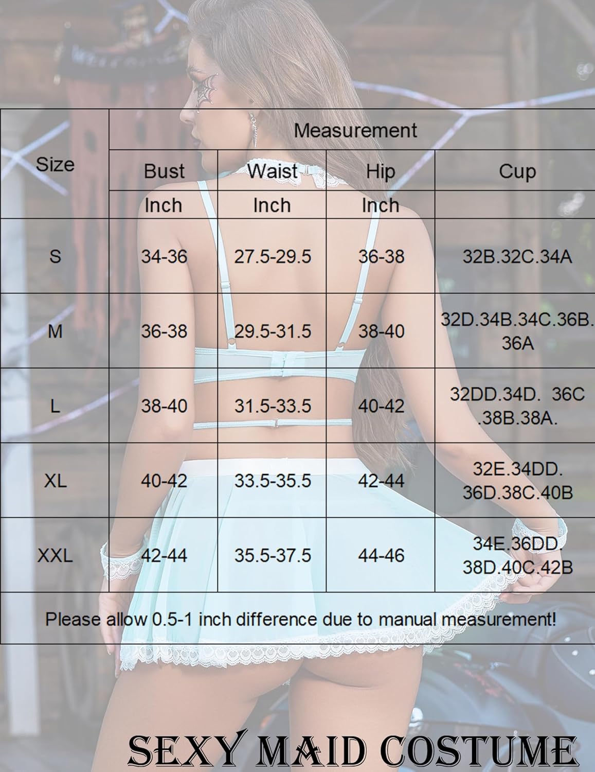 Size chart for Sexy Maid Costume lingerie set, featuring bust, waist, hip, and cup measurements.
