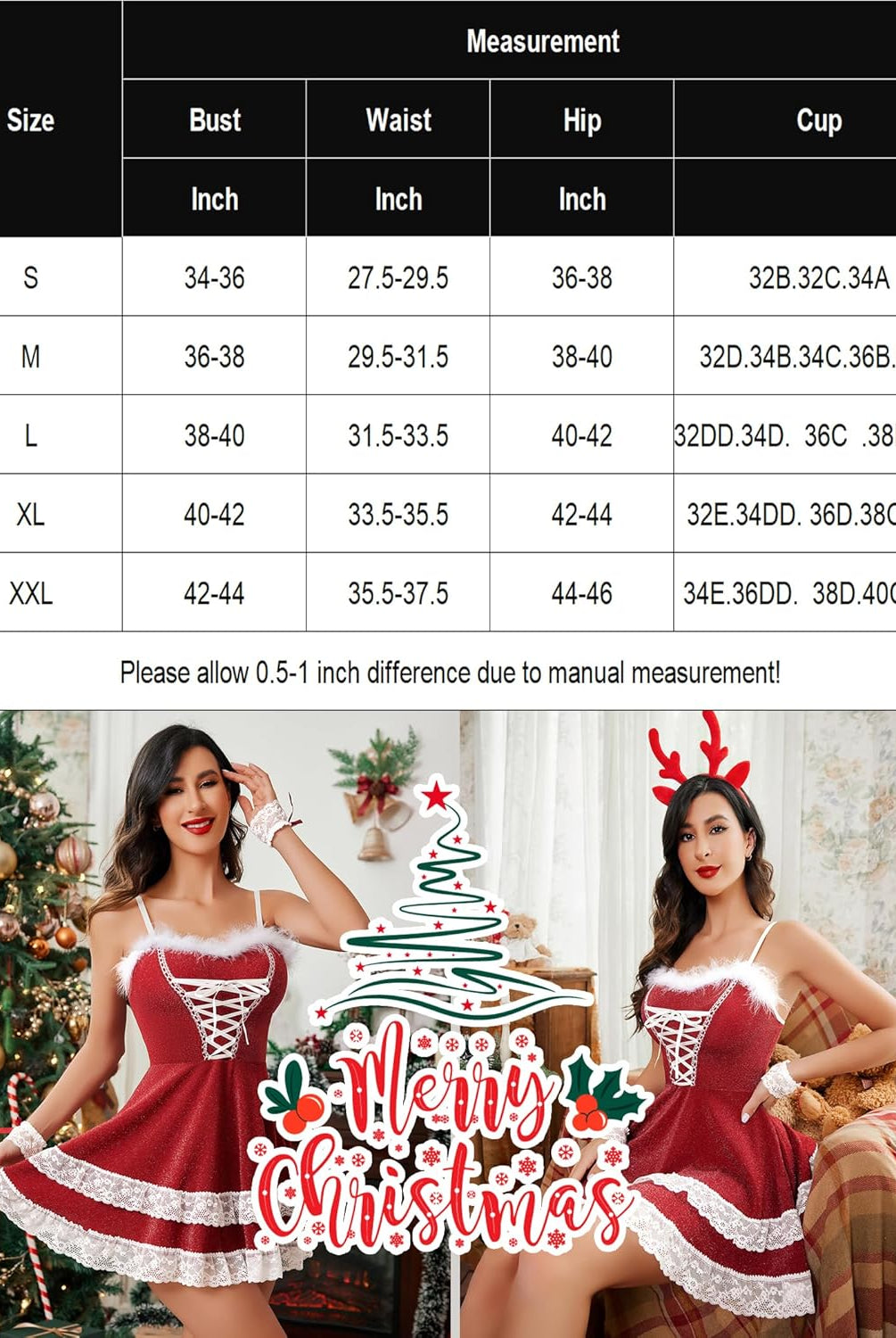 Red Christmas party dress with white lace trim and Merry Christmas, with size chart