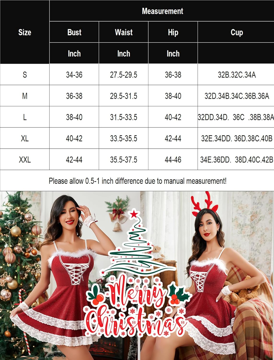 Red Christmas party dress with white lace trim and Merry Christmas, with size chart