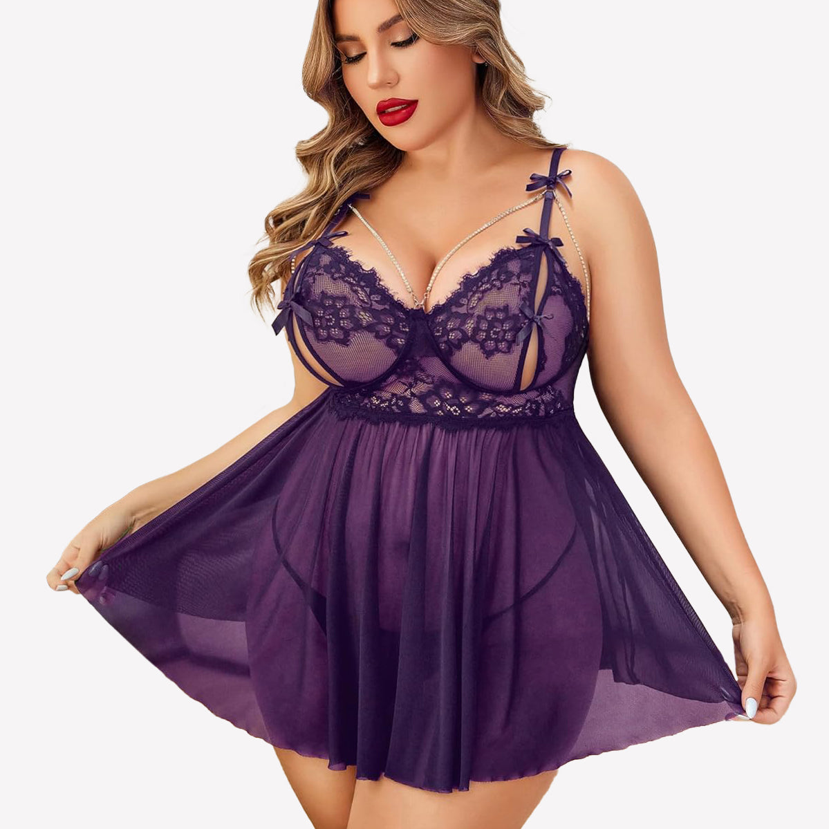 Plus Size Purple Lace Babydoll Nighty with Adjustable Straps