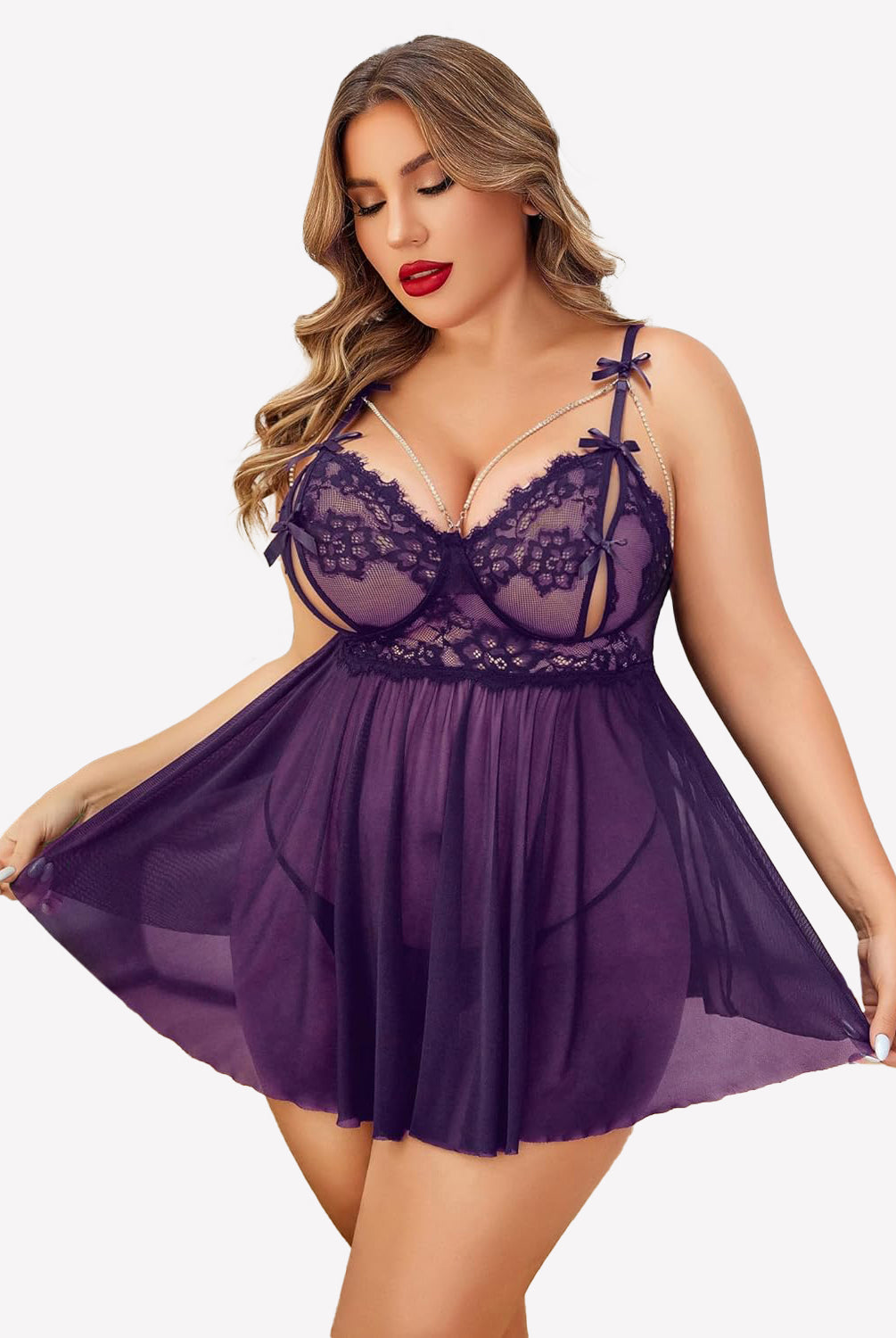 Plus Size Purple Lace Babydoll Nighty with Adjustable Straps
