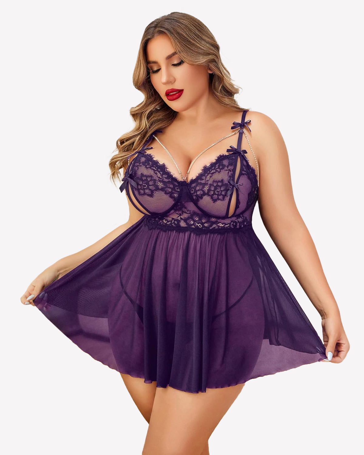 Plus Size Purple Lace Babydoll Nighty with Adjustable Straps