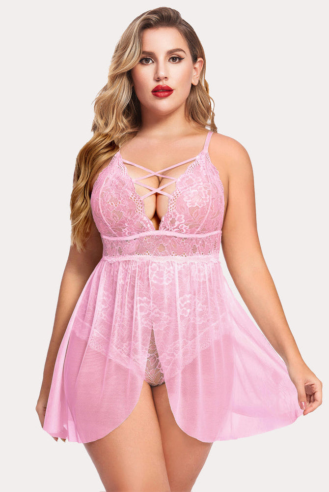 Plus Size Pink Lace Babydoll Nighty with Criss-cross Bust and Thong Back