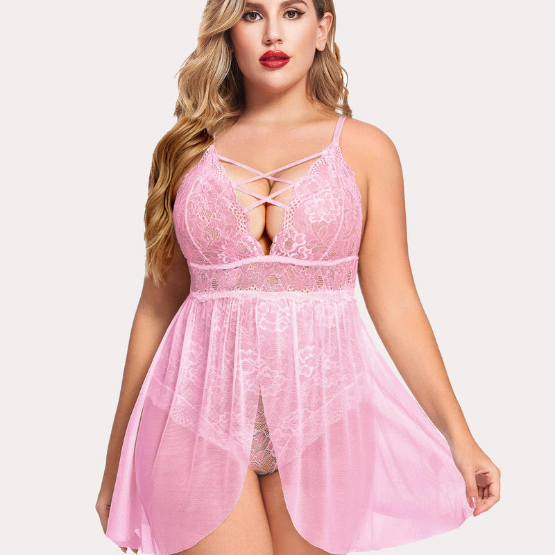 Plus Size Pink Lace Babydoll Nighty with Criss-cross Bust and Thong Back
