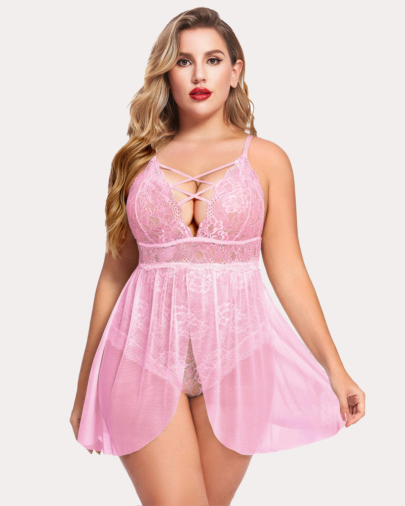 Plus Size Pink Babydoll Lingerie with Lace Cups and Criss-Cross Straps and Mesh Skirt
