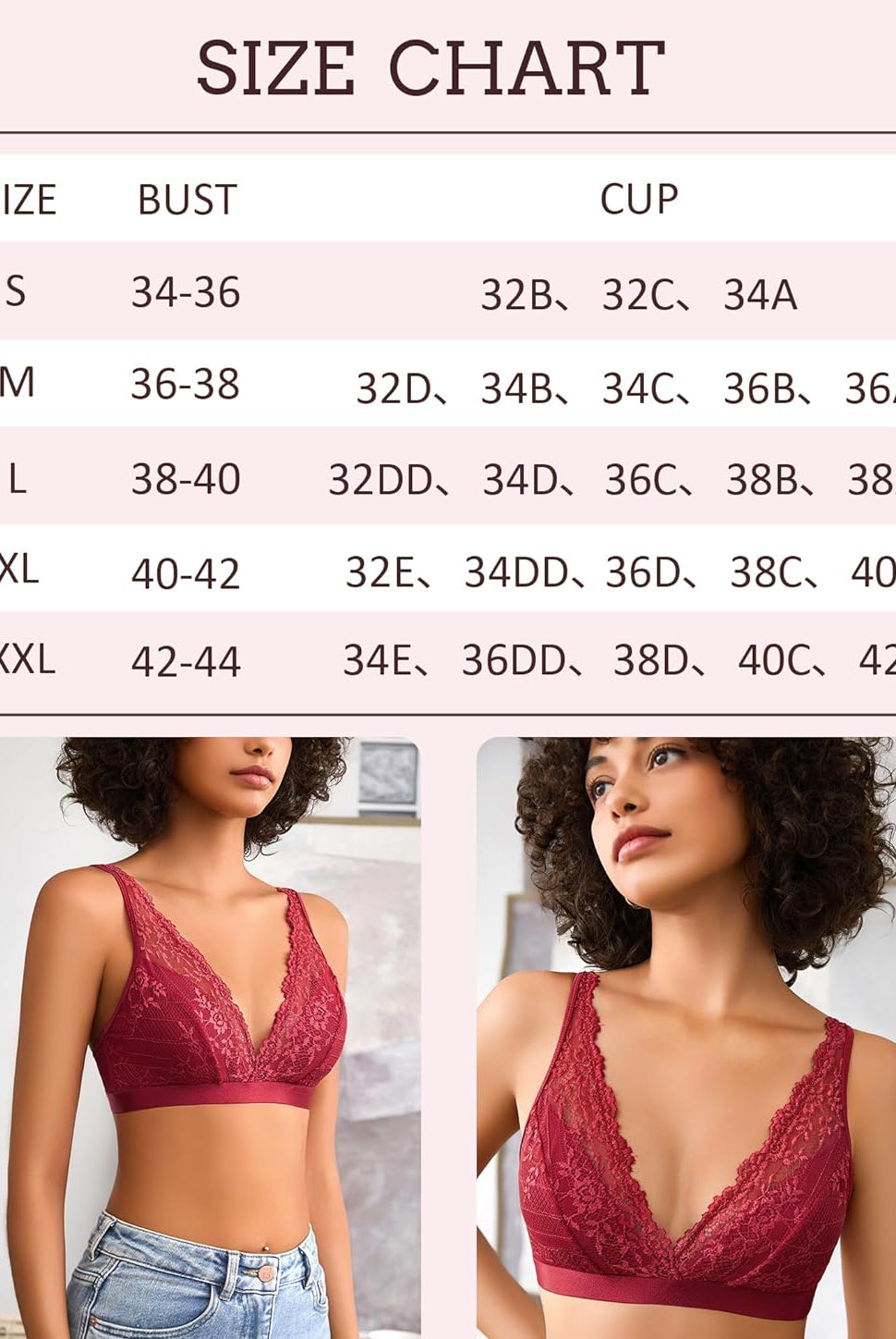 Lace bralette size chart with bust and cup measurements. Models in red lace bralettes.