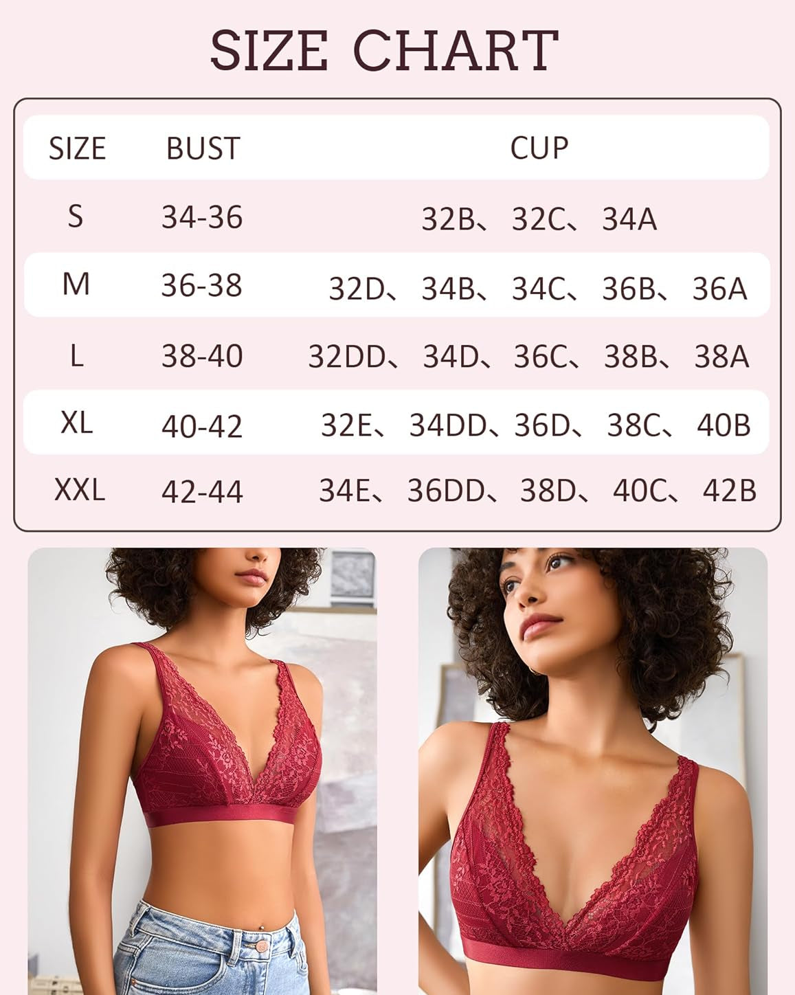 Lace bralette size chart with bust and cup measurements. Models in red lace bralettes.