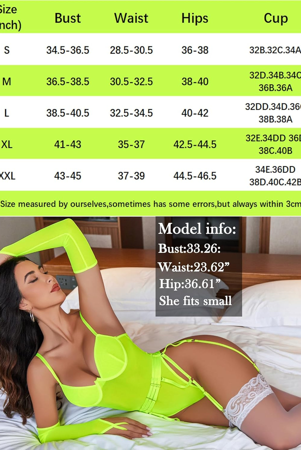 Neon green mesh garter teddy with oversleeves, size chart and model info, sexy lingerie