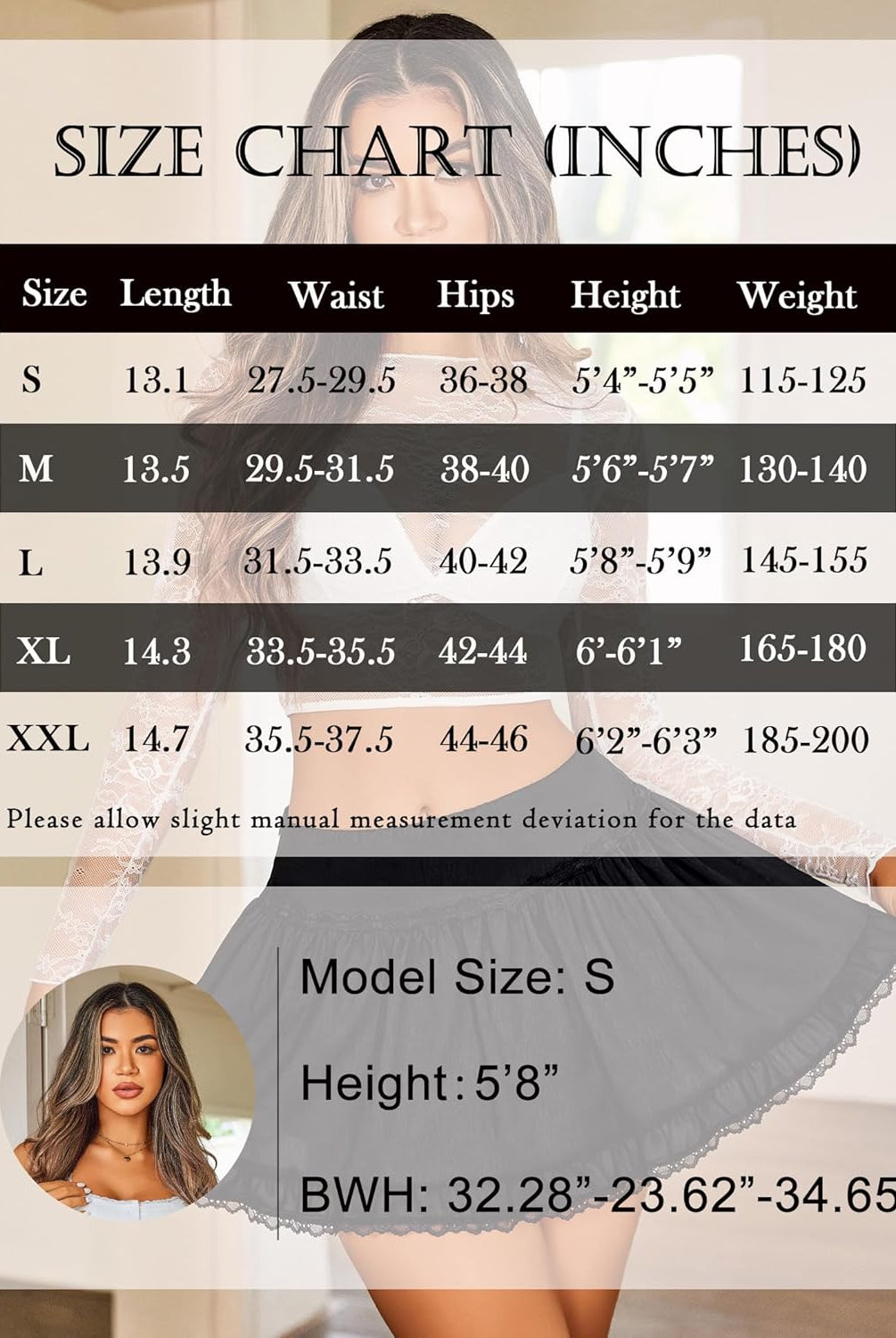 Size chart for Y2K flowy skirt: waist, hips, length measurements. Model size S, height 5'8".