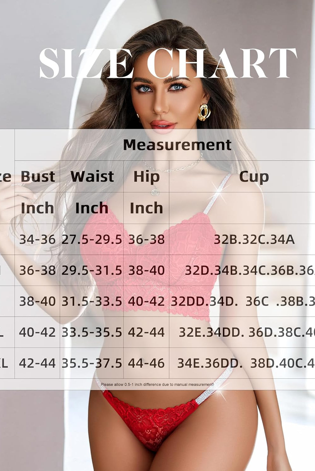 Size chart for red lace bralette and panty set, showing bust, waist, hip, and cup measurements.