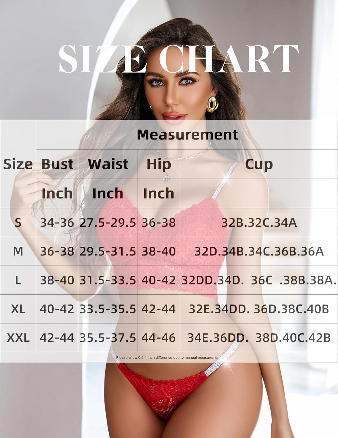 Size chart for red lace bralette and panty set, showing bust, waist, hip, and cup measurements.