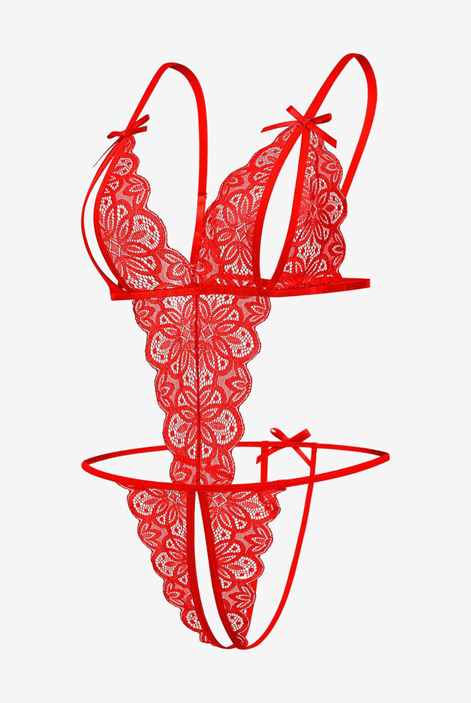 Red lace open cup bodysuit with backless design and bow details. Sexy lingerie.