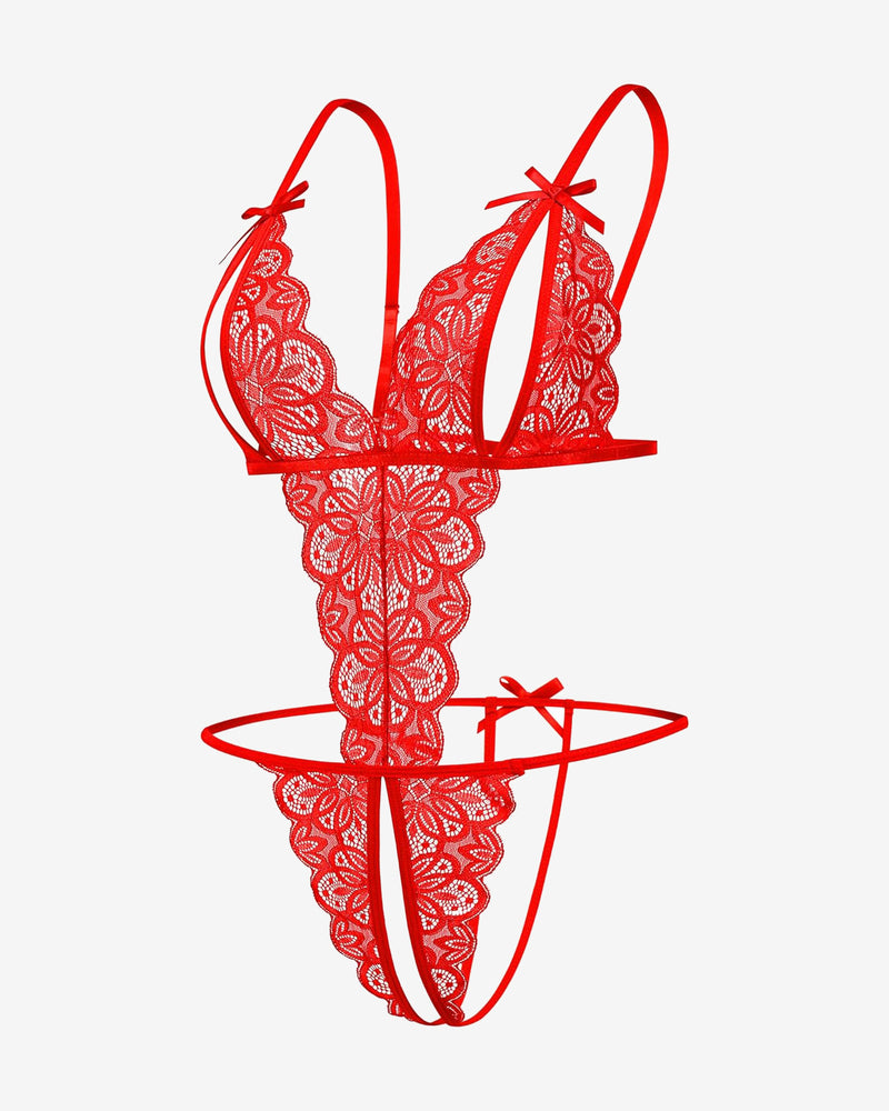 Red lace open cup bodysuit with backless design and bow details. Sexy lingerie.