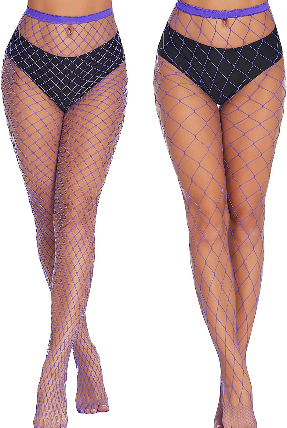 Purple fishnet stockings, diamond net, high-waisted, sexy plus size lingerie.