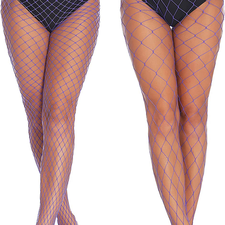 Purple fishnet stockings, diamond net, high-waisted, sexy plus size lingerie.