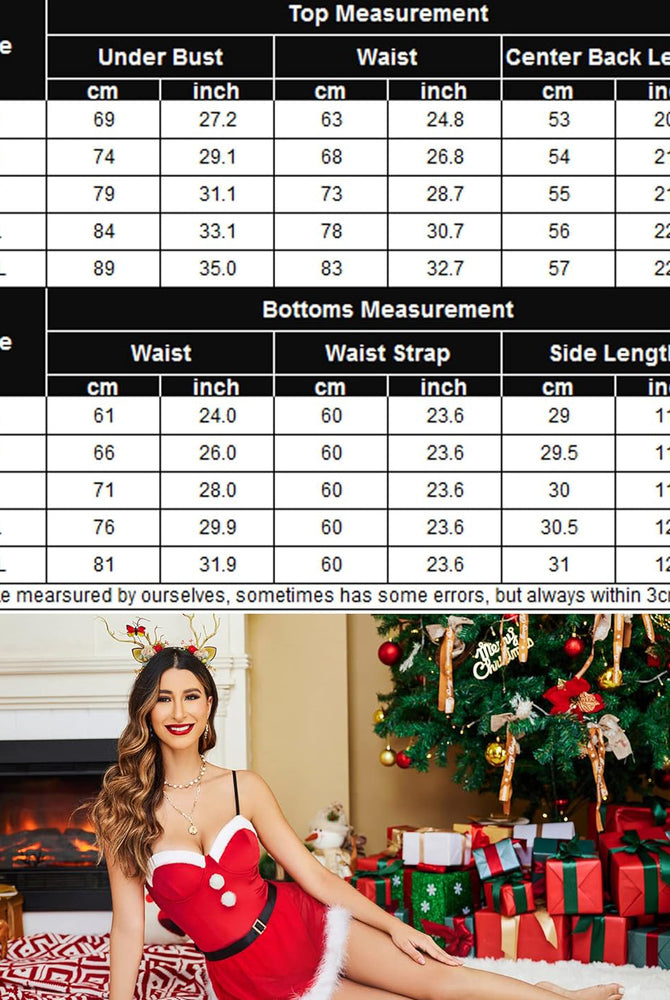 Red velvet Christmas lingerie set with belt, fur trim, and Santa hat. Size chart included.